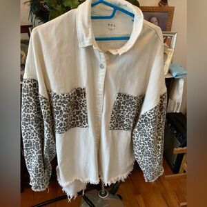 POL brand, off white denim shirt with animal print sleeves & pockets, raw edge.